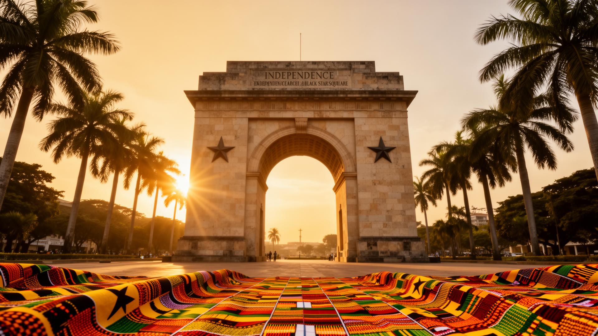 Independence Arch, Accra Ghana at golden sunset with kente cloth